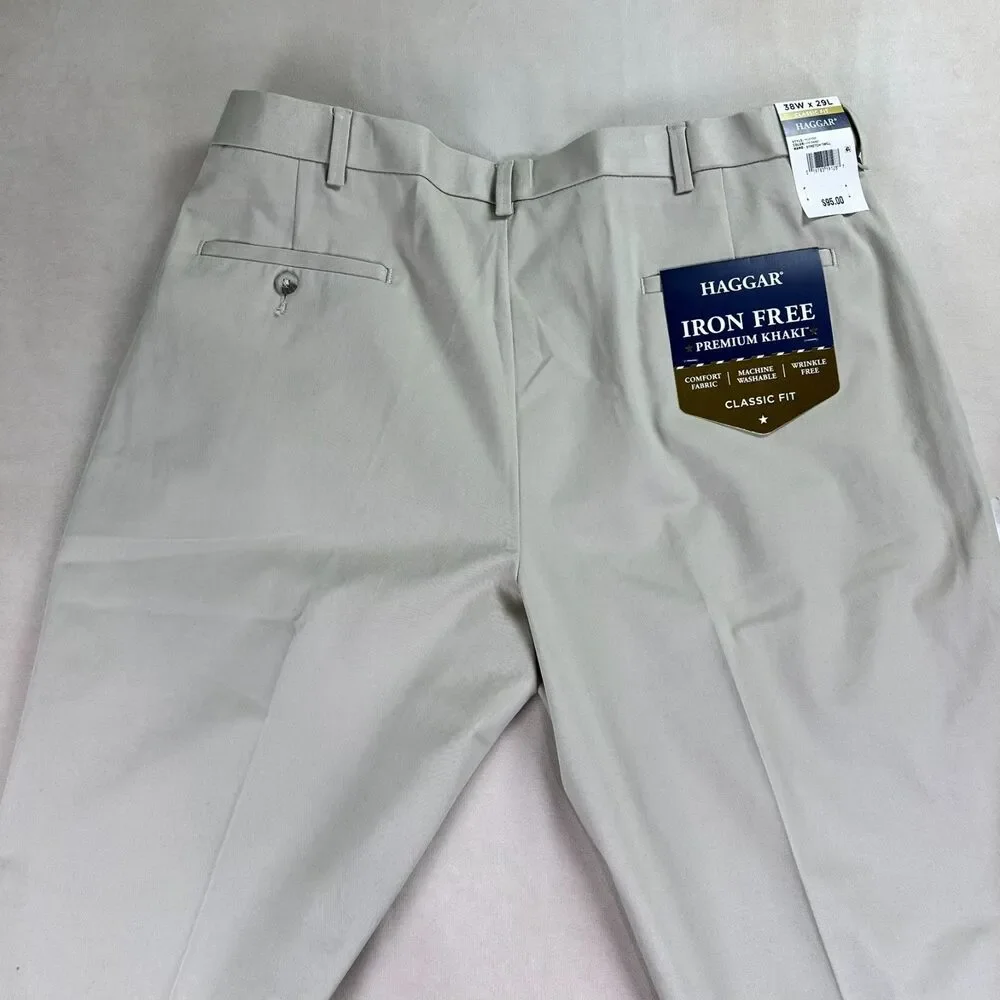 Haggar Mens 38x29 Iron Free Premium Khaki Pants Classic Fit Stretch NWT Sand